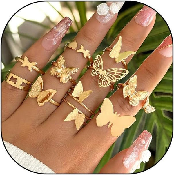 Gold Rings for Women Boho Chunky Cubic Zirconia Butterfly Pearl Heart Knuckle Rings Geometric Dome Star Leaf Statement Rings Trendy Jewelry Gifts