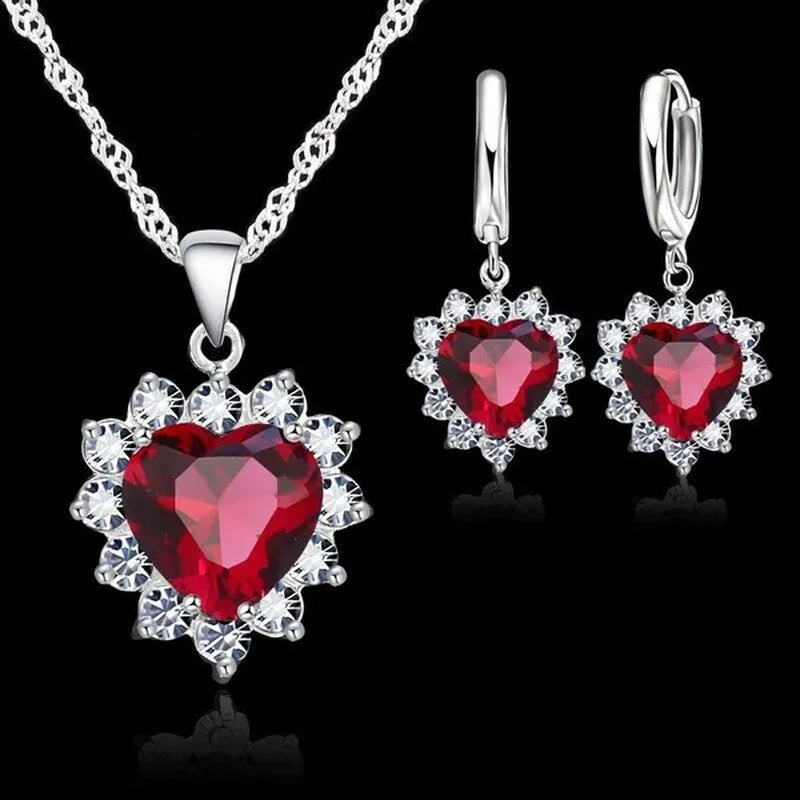 Trendy 925 Sterling Silver Jewelry Set for Women Heart CZ Stone Charm Pendants Necklaces Earrings LOVE Anniversary Gift