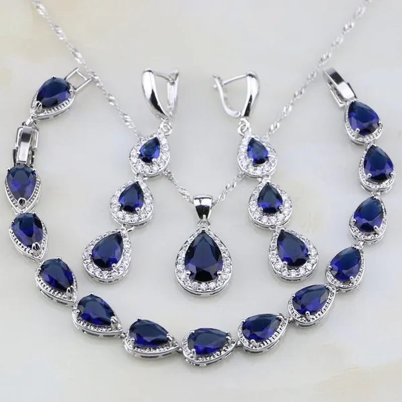 Trendy Water Drop Blue Sapphire White Topaz 925 Sterling Silver Jewelry Sets Women Wedding Earrings/Pendant/Necklace/Bracelet