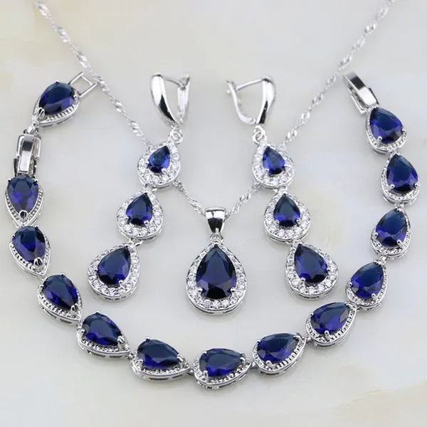 Trendy Water Drop Blue Sapphire White Topaz 925 Sterling Silver Jewelry Sets Women Wedding Earrings/Pendant/Necklace/Bracelet