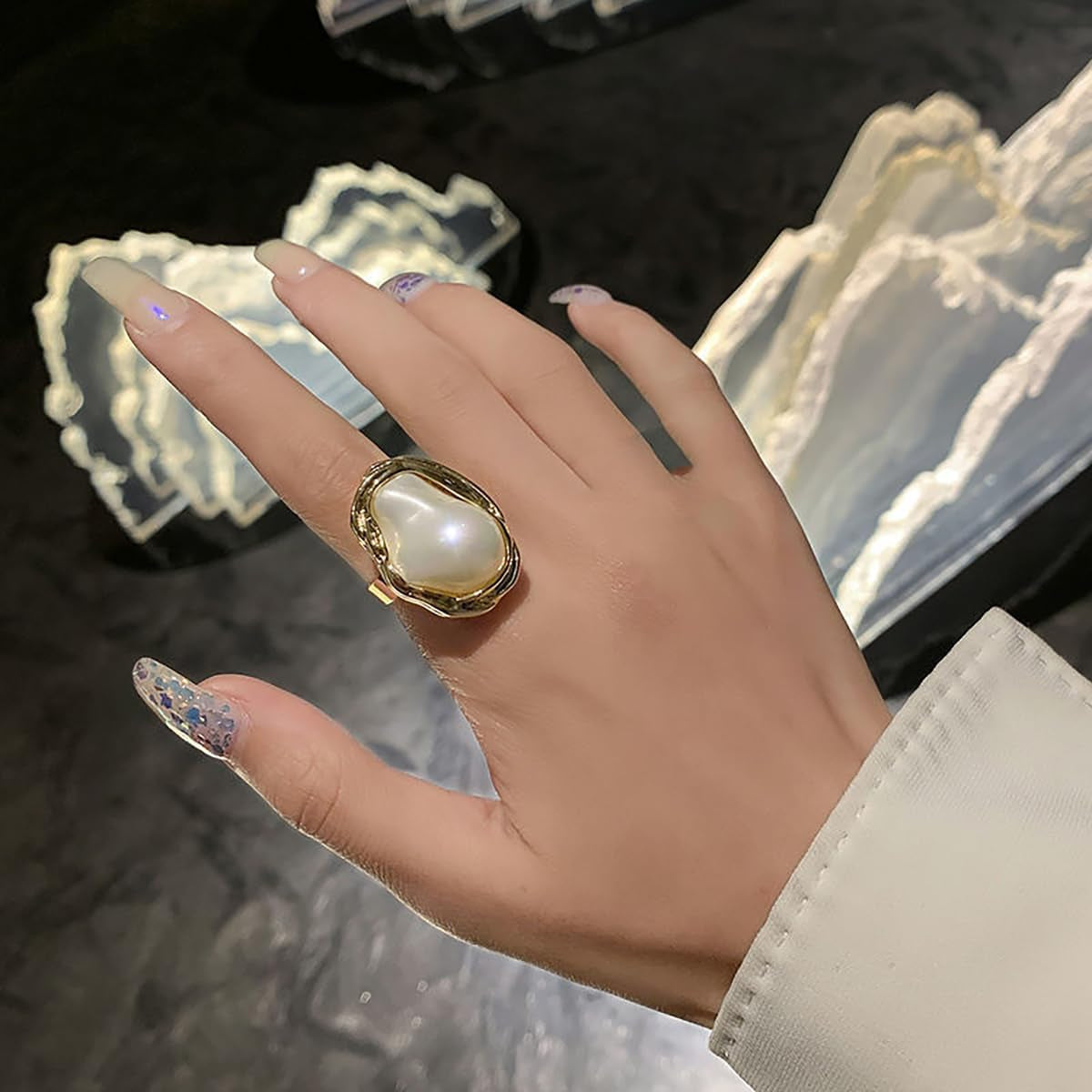Pearl Ring for Women Promise Stacking Pearl Rings Adjustable Open Pearls Finger Ring Trendy Personality Christmas Pearls Jewerly Prom Dress Jewerly