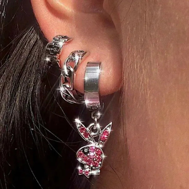 Playboy Full Diamond Rabbit Stainless Steel Ear Buckle Earrings for Men and Women