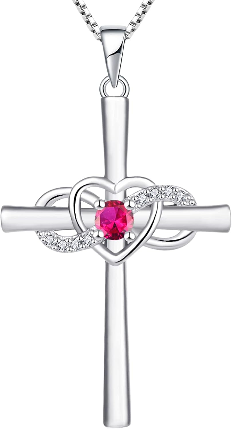 Women'S Cross Necklace Sterling Silver Infinity Heart Crucifix Pendant Birthstone Criss Jewelry