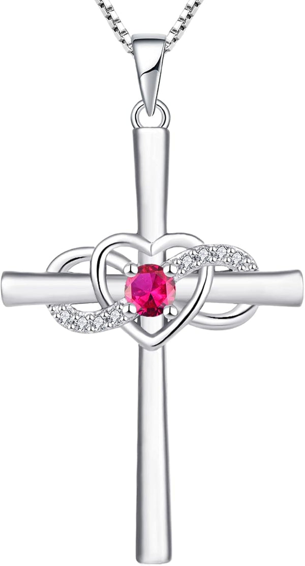 Women'S Cross Necklace Sterling Silver Infinity Heart Crucifix Pendant Birthstone Criss Jewelry