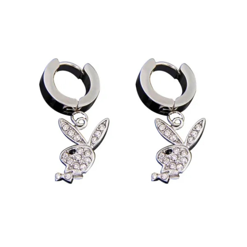 Playboy Full Diamond Rabbit Stainless Steel Ear Buckle Earrings for Men and Women