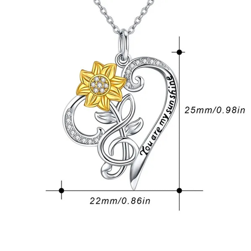 Sunflower Necklace 925 Sterling Silver - You are My Sunshine Sunflower CZ Heart Pendant Necklace Infinity Musical Note Flower Jewelry Gift for Women Lover Friends