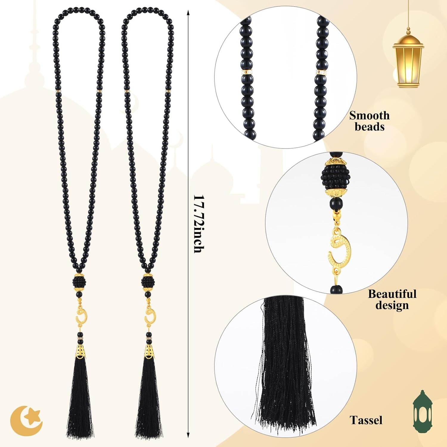 6 Pieces Kufi Hats and Muslim Prayer Beads for Men Prayer Cap Breathable Skull Crochet Cap Muslim Tasbih 99 Beads Muslim Ramadan Gifts Helmet Liner Black White