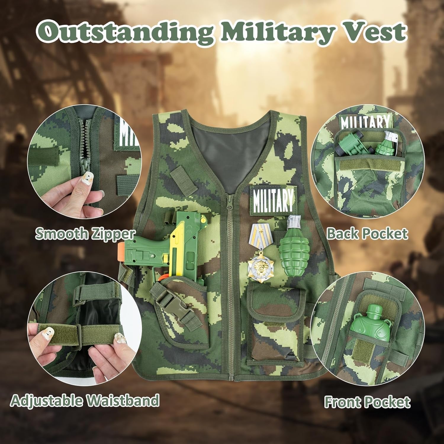 13 Pcs Army Costume for Boys 6-8 3-5, Kids Army Toys Costume Vest, Military Toys for Kids, Soldier Role Play Toddler Dress up Clothes with Toy Gun Set and Accessories,Halloween Costumes for Kid