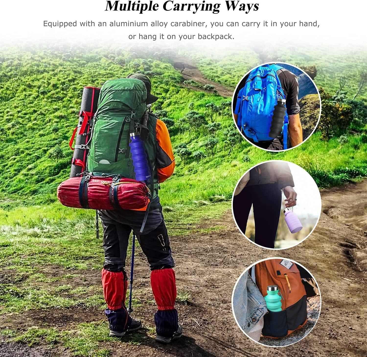 Collapsible Water Bottle, Reuseable BPA Free Silicone Foldable Water Bottles for Travel Gym Camping Hiking, Portable Leak Proof Sports Water Bottle with Carabiner