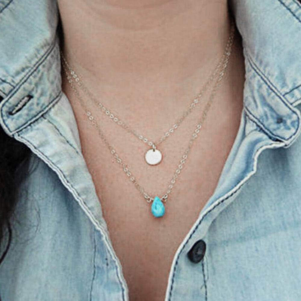 Blue Turquoise Necklaces Multilayerd Sequin Pendant Necklace Chain Jewelry for Women