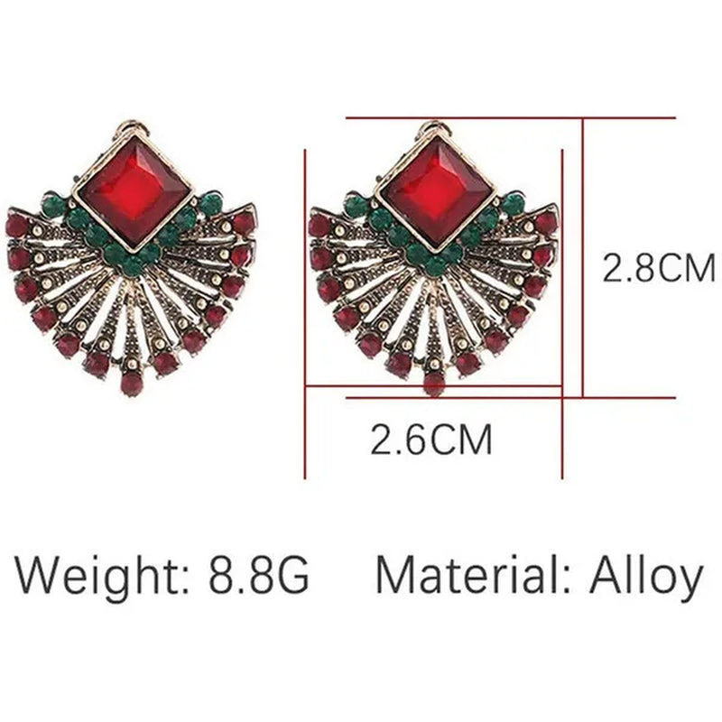 Picture Color European and American Hot Style Retro Bohemian Ethnic Style Ruby Earrings Fan-Shaped Crystal Stud Earrings