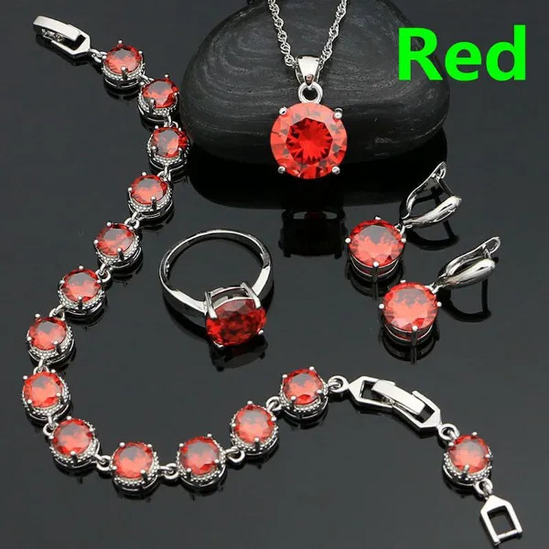 925 Sterling Silver Jewelry Set Olive Green Cubic Zirconia Retro Earrings Ring Pendant Necklace Bracelet 4Pcs for Bride