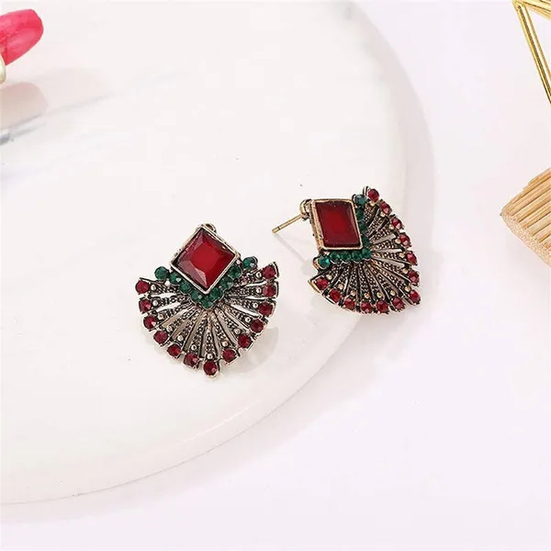 Picture Color European and American Hot Style Retro Bohemian Ethnic Style Ruby Earrings Fan-Shaped Crystal Stud Earrings