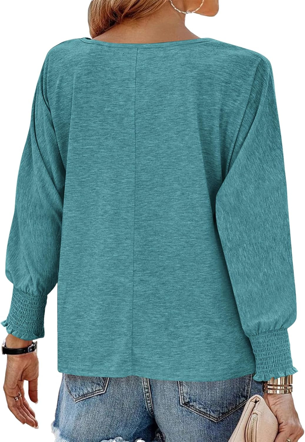 Womens Long Sleeve Tops Fall Outfits 2024 Dressy Casual Crew Neck Tee Shirts Smocked Loose Top Tunic Blouse