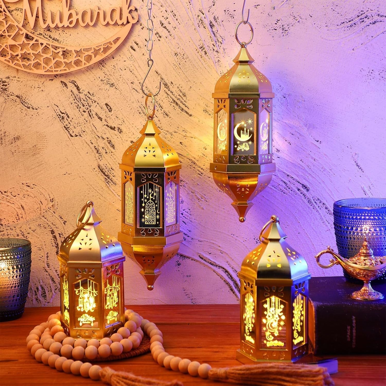4 Pcs Ramadan Lantern Hanging Hexagon Decorations Ramadan Mubarak Lantern LED Eid Mubarak Lights Kids Gifts for Home Muslim Islam Festival Porch Decor(Electroplated Gold)