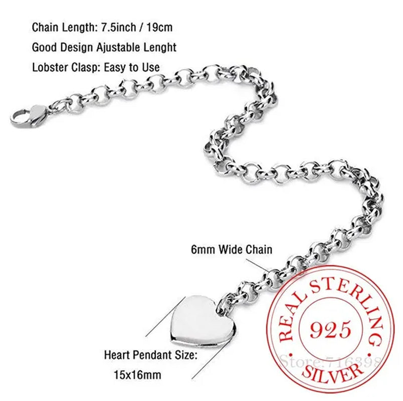 Punk Design 925 Sterling Silver A-Z Letter Heart Charm Bracelets & Bangles for Women Fine Jewelry Pulseras Mujer Moda 2020