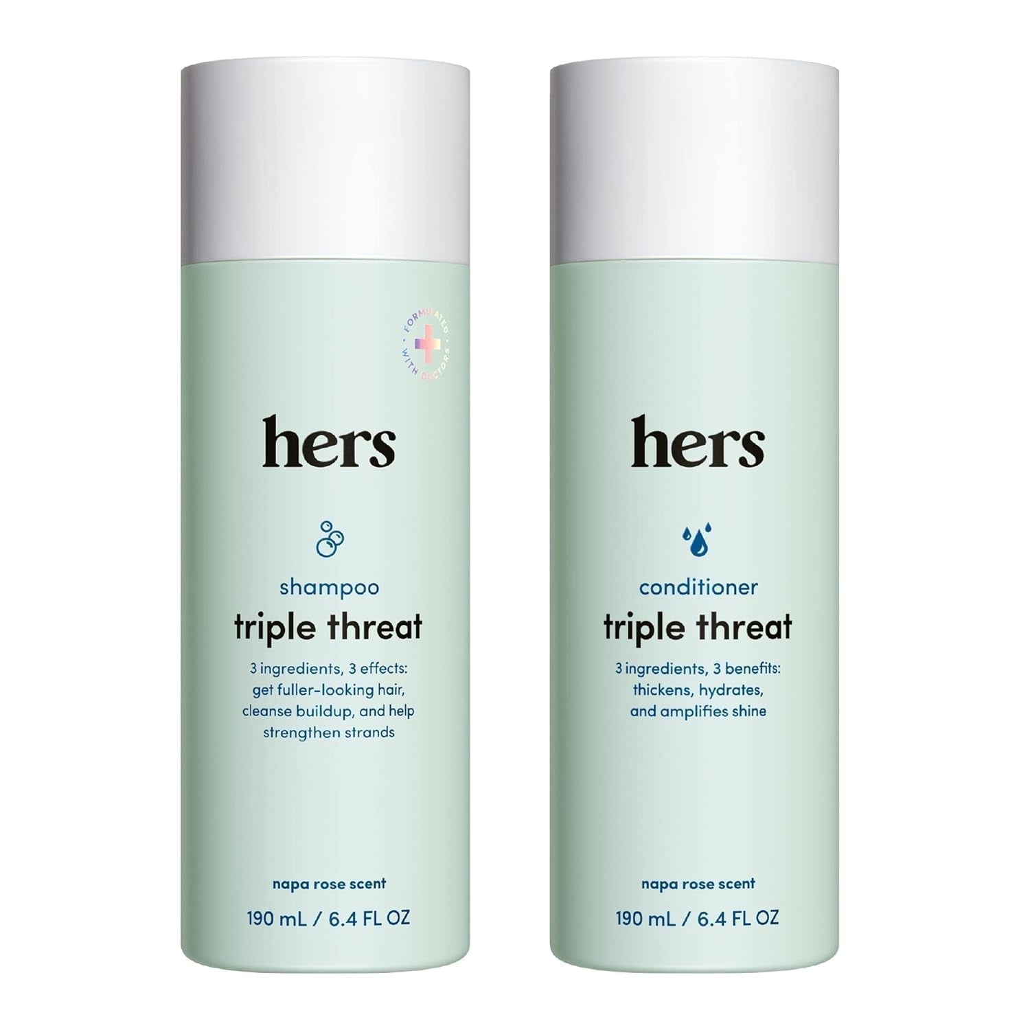 Hers Triple Threat Shampoo and Conditioner Set for Women - Thickening, Moisturizing, Reduces Shedding - Color Safe Hair Loss Shampoo and Conditioner - Napa Rose - 2 X 6.4 Fl Oz