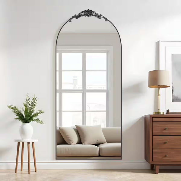 71 In.H X 32 In.W Modern Arch Removable Carved Flower Metal Framed Black Full-Length Leaning Mirror