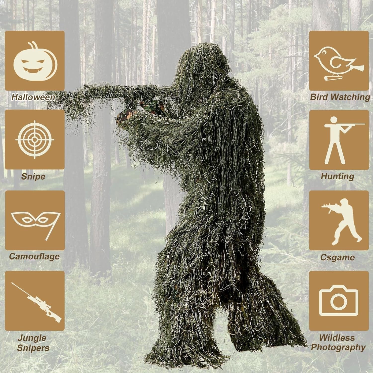 5 in 1 Ghillie Suit, 3D Camouflage Hunting Apparel W/Jacket, Pants, Hood, Carry Bag for Adults/Youth, S/M/L/XL/XXL