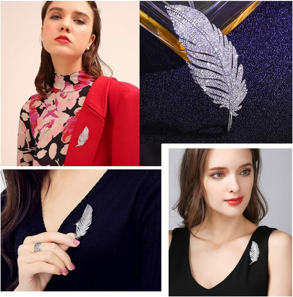 Rhinestone Feather Brooches Pin for Women Men Fashion Crystal Delicate Leaf Brooch Lapel Pins Elegant Dress Accessories Jewelry Boutonniere Corsage for Hat Bag Suit Tie Wedding Birthday