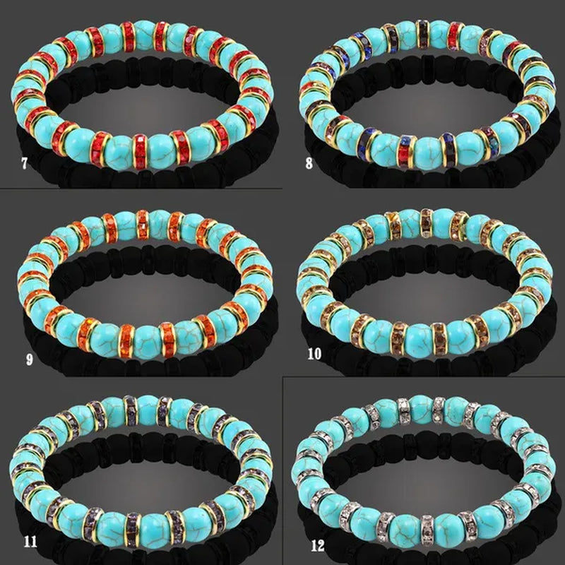 Blue turquoise and green point hand natural Vintage bracelet rhinestone rope men's and women's elastic casual bracelet prayer yoga pendant jewelry