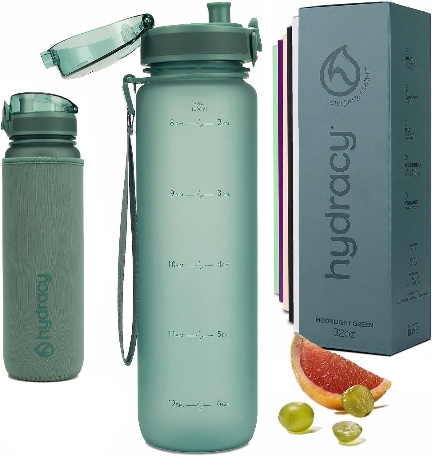 Water Bottle with Time Marker -Large BPA Free Water Bottle & No Sweat Sleeve -Leak Proof Gym Bottle with Fruit Infuser Strainer & Times to Drink -Ideal for Fitness Sports & Outdoors