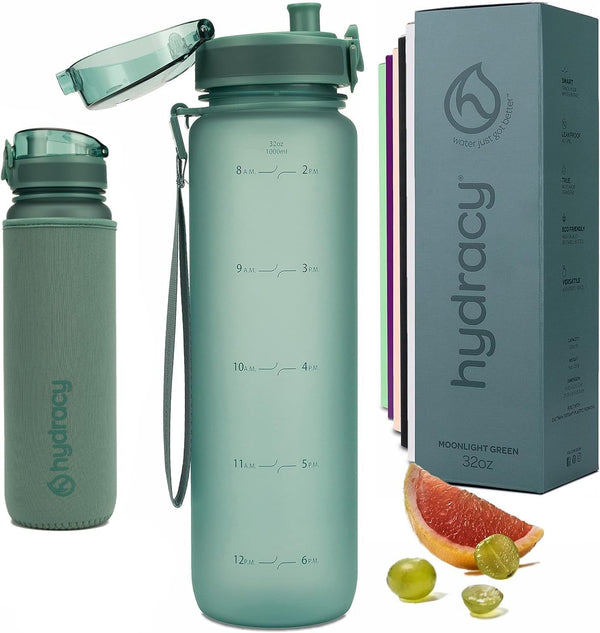 Water Bottle with Time Marker -Large BPA Free Water Bottle & No Sweat Sleeve -Leak Proof Gym Bottle with Fruit Infuser Strainer & Times to Drink -Ideal for Fitness Sports & Outdoors