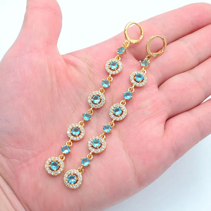 Women Luxury Aqua Cubic Zirconia CZ Long Dangle Earrings Jewelry