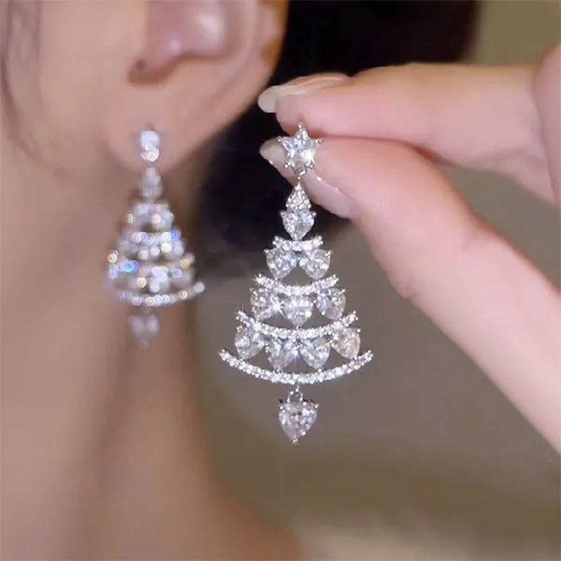 Women Fashion Christmas Tree Silver Needle Light Luxury High-end Long Tassel Earrings 2022 Winter New Earring