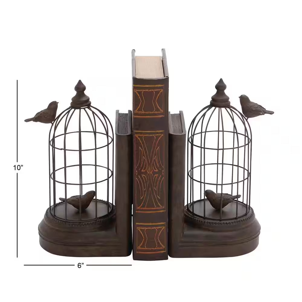 Black Metal Bird Bookends with Cages (Set of 2)