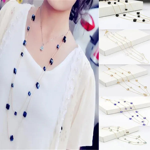 Women's Square Long Chain Sweater Necklace Fashion Double Long Tassel Necklace