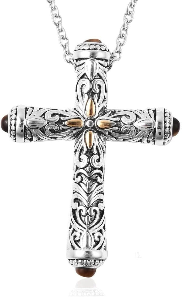 Stainless Steel Celtic Cross Necklace for Women Men Yellow Gold ION Plated Tigers Eye Stone Christian Jewelry Religious Prayer Gifts for Women Chain Size 20" Birthday Gifts