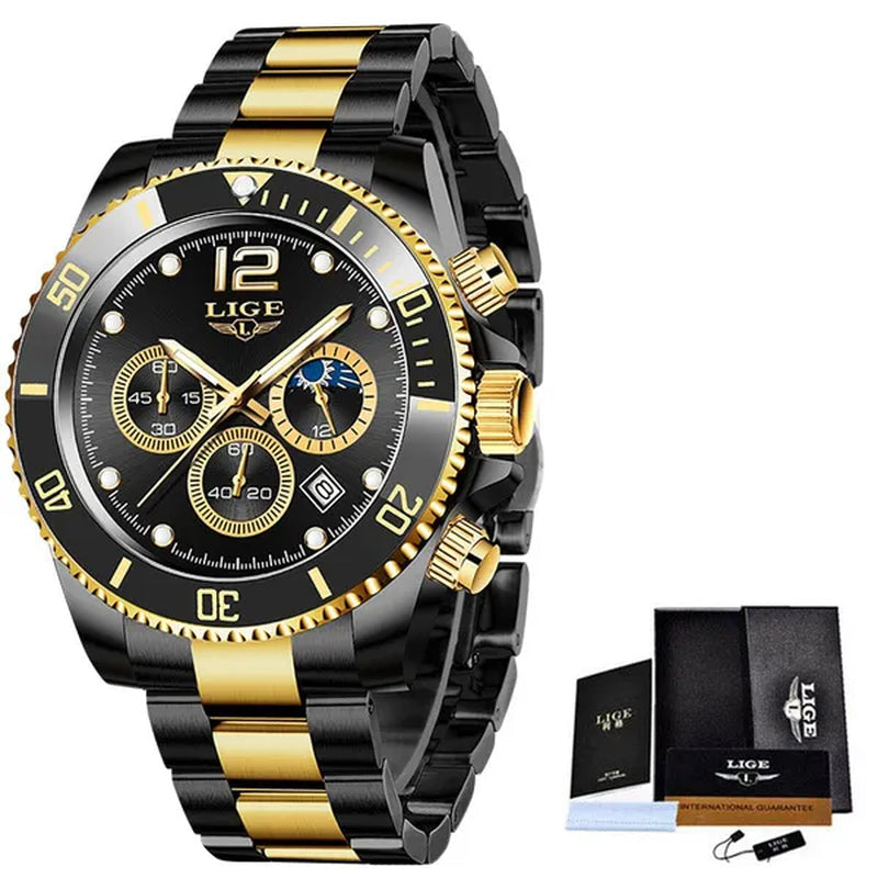 LIGE Luxury Elegant Stainless Steel Quartz Watches 3 ATM Waterproof Mens Wristwatch