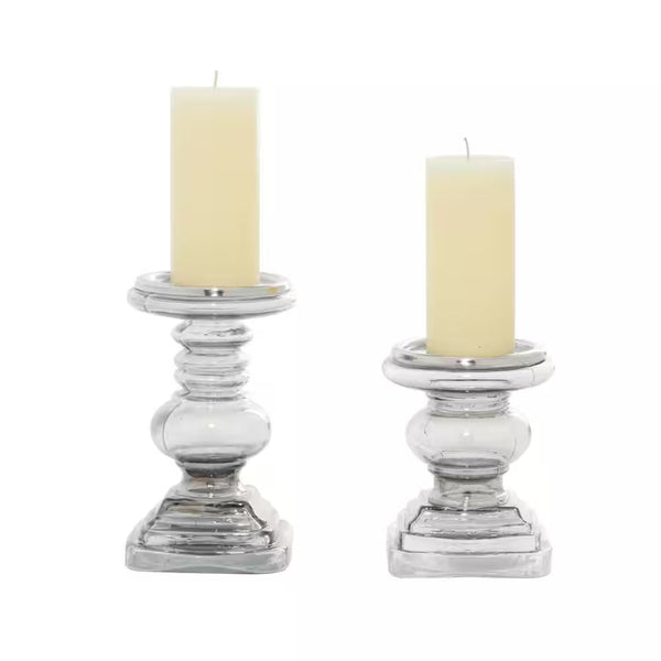 Silver Glass Handmade Turned Style Pillar Candle Holder (Set of 2)