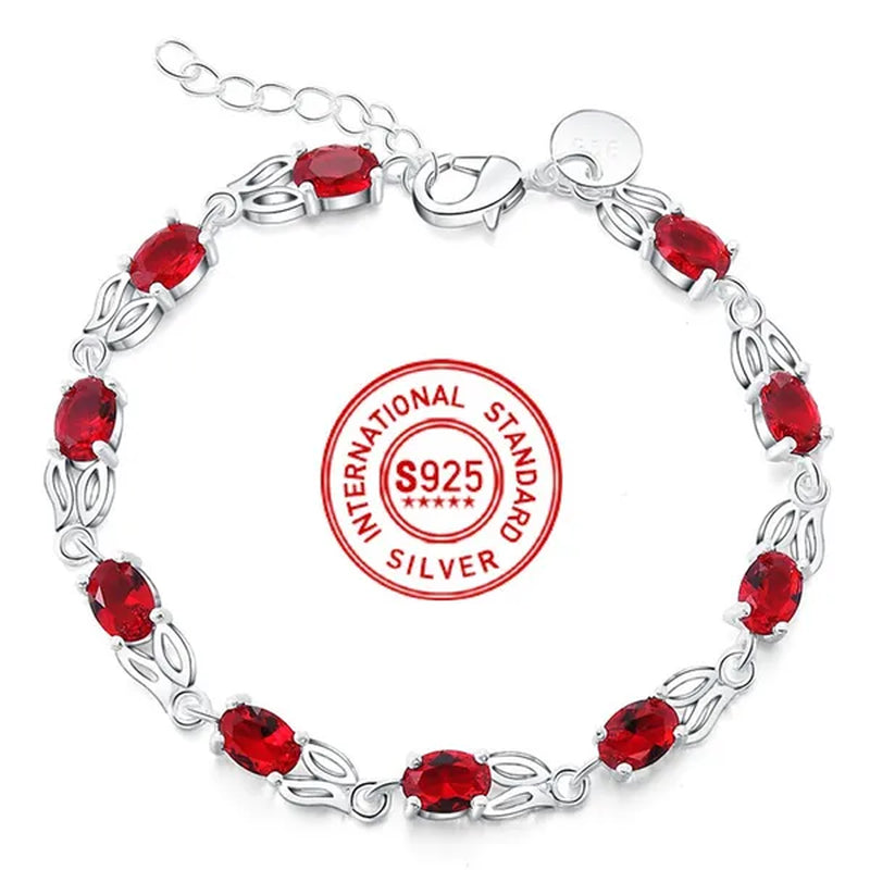 925 Sterling Silver Elegant Charm Beautiful Crystal Stone Red Jewelry Fashion for Women Wedding Bracelets