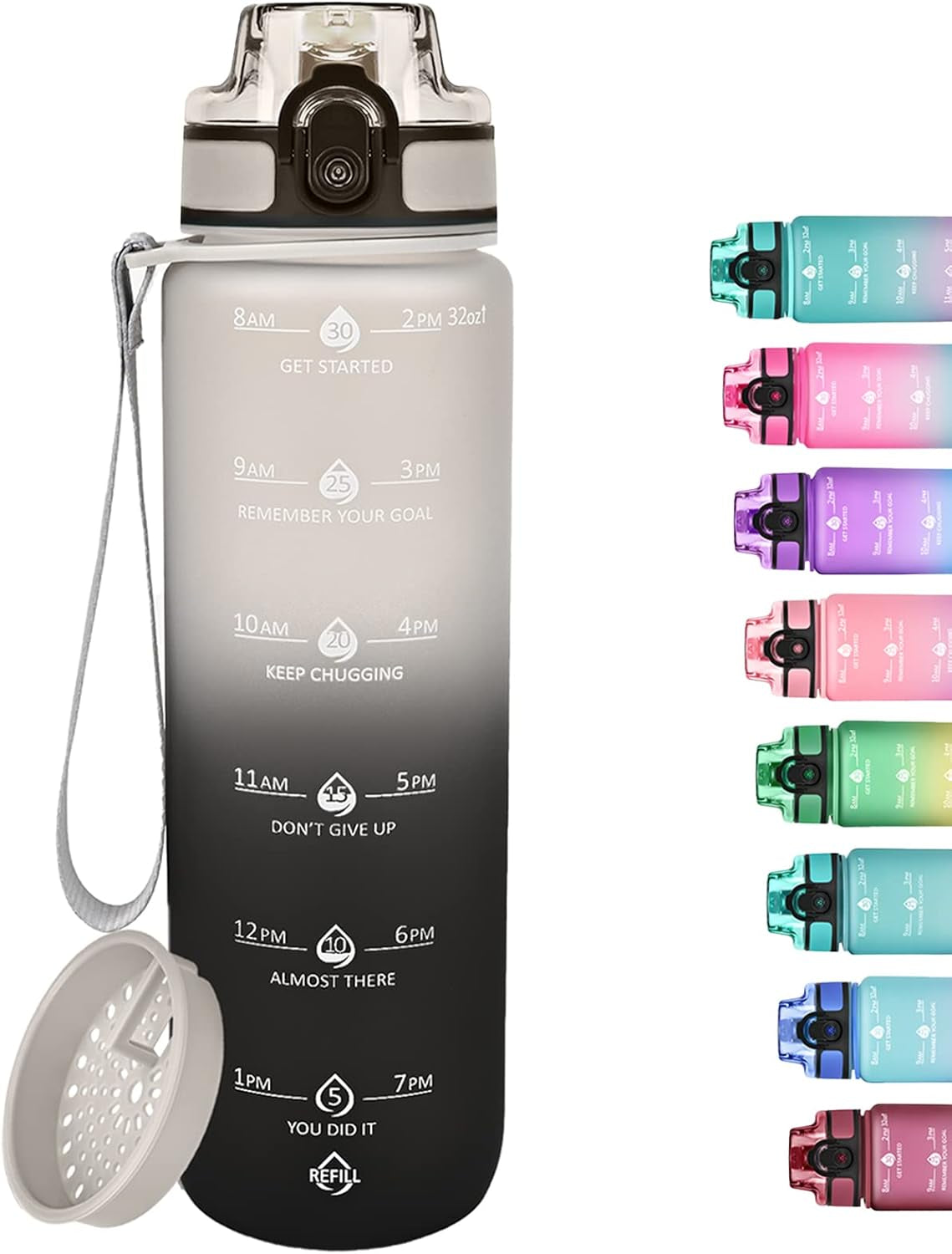32Oz Motivational Water Bottles with Time Marker and Fruit Strainer, Sports Water Bottle with Times to Drink, Leakproof, Reusable Plastic Bottle with Strap No Straw for Gym, School
