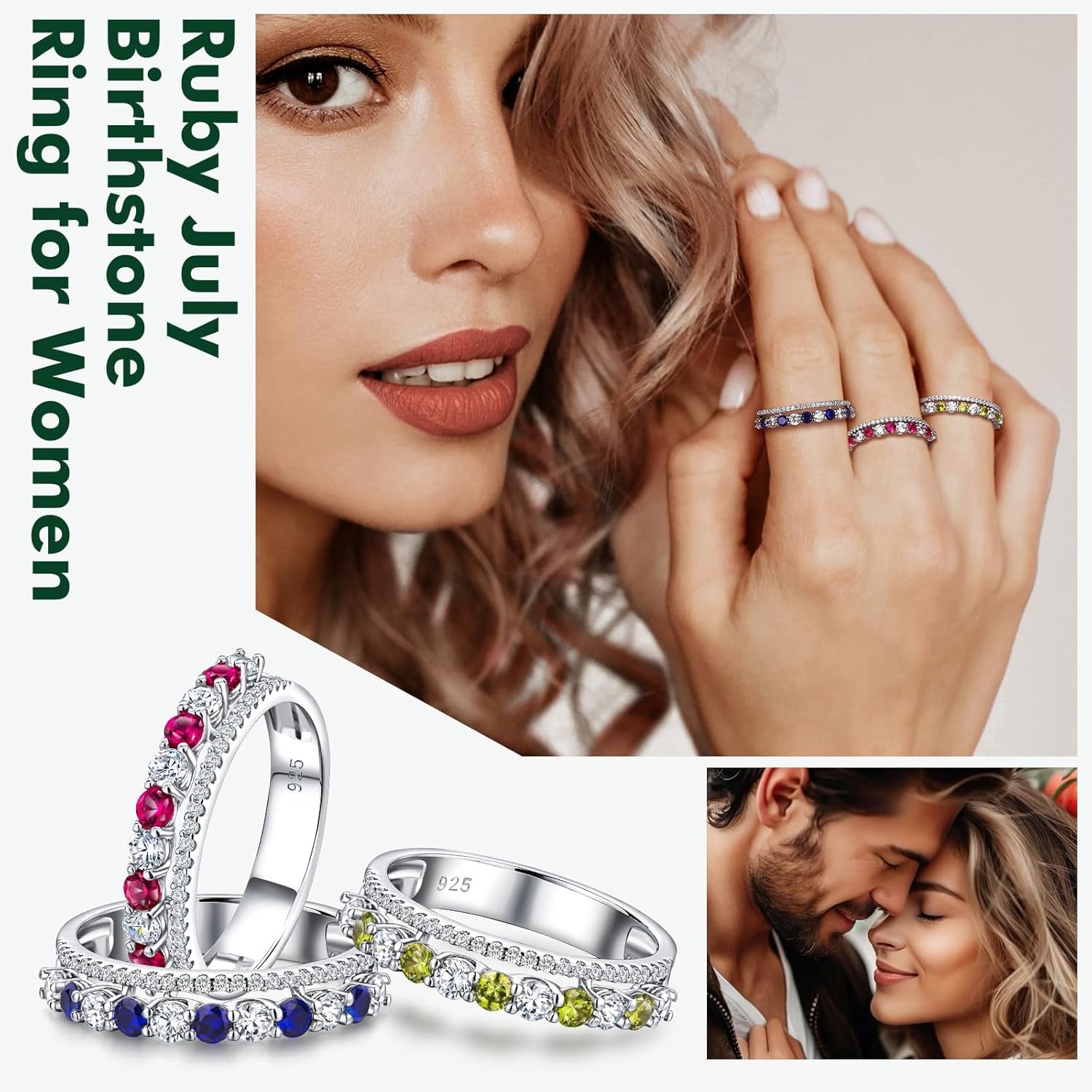 Women'S Half Eternity Band 5Mm Thick Double Band Ring Sterling Silver Gemstone Diamond Anniversary Ring Stackable Birthstone Rings Size 6-10 (With Gift Box)
