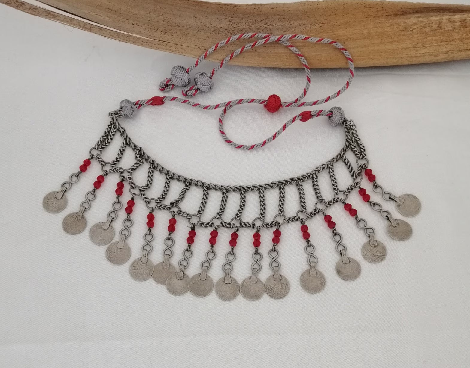 Beautiful Berber Silver Coin and Red Glass Bead Tasfift Headdress Necklace