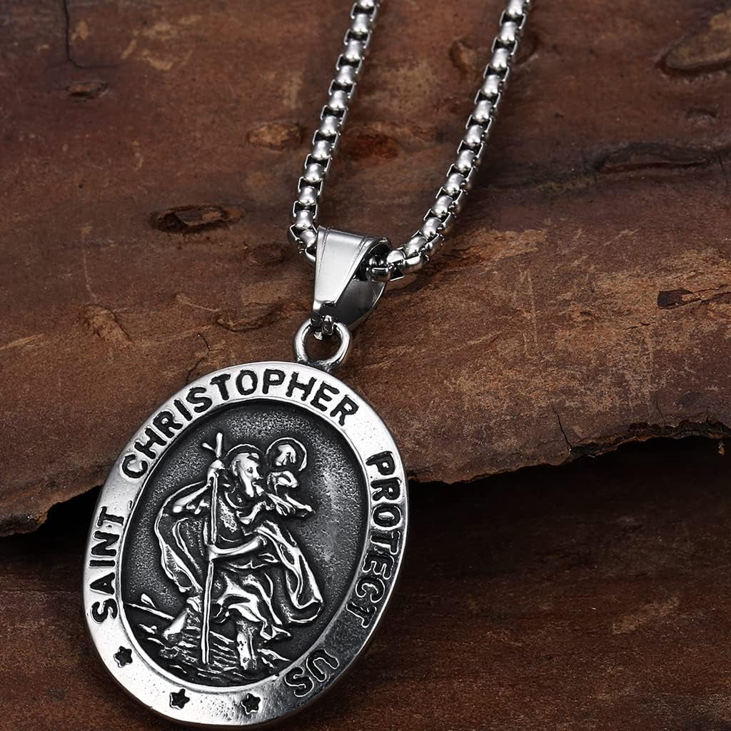 Retro Vintage Stainless Steel Saint Christopher Protect Us Holy Cross Religious Pendant Necklace