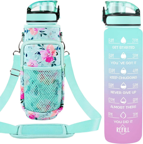 32 Oz Water Bottles with Straw & Strap, Motivational Water Bottles with Times to Drink, BPA Free Reusable Sports Water Bottle with Sleeve Carrier for Hiking, Travel, Running or Fitness