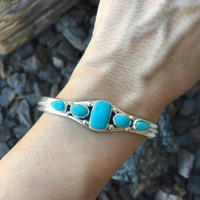 Women Vintage Jewelry  Soild Sterling  Natural Gemstone Turquoise Bracelet Adjustable Wedding Engagement Jewelry