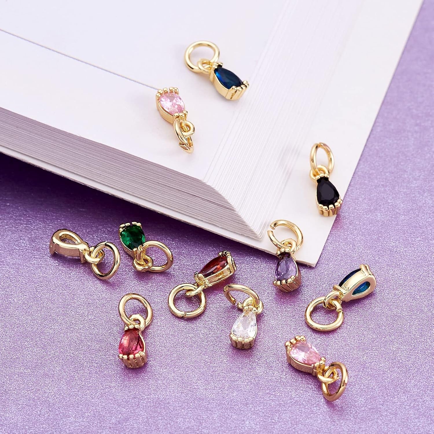 20Pcs Cubic Zirconia Mini Rhinestone Charms Brass Pave CZ Water Drop Extender End Charms Colorful 18K Gold Faceted Dangle Teardrop Birthstone Pendant Bulk with Loop for Jewelry Making 8X3Mm
