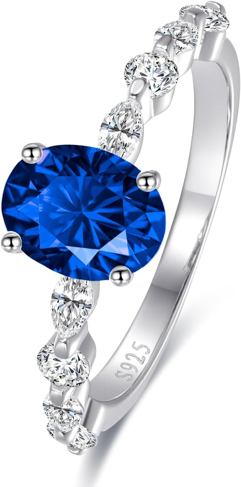 1.5Ct Oval-Cut Created Sapphire Rings 925 Sterling Silver White Gold Plated Blue Oval Engagement Ring for Women Paved Cubic Zirconia Simple Dainty Ring Band Width 2.2Mm Size 7