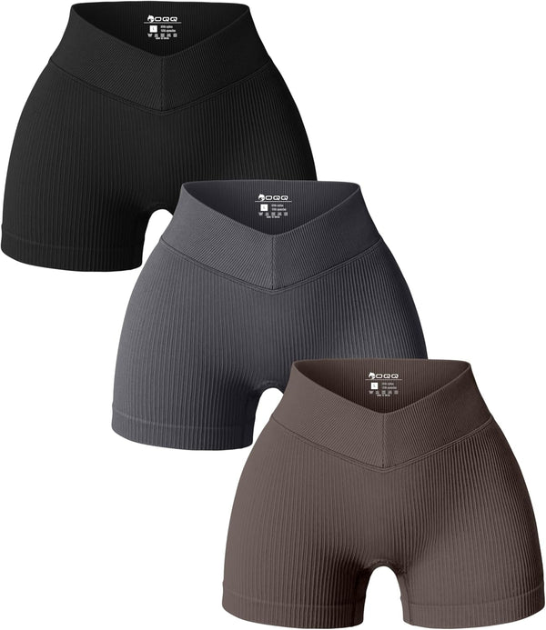 Women 3 Piece Yoga Shorts Ribbed V Shaped High Waist Workout Exercise Leggings Black Darkgrey Tea Leaf