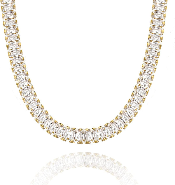 Diamond Tennis Necklace for Women, 14K/White Gold Plated Cubic Zirconia Baguette Tennis Chain Chunky Paperclip Link Cuban Choker Necklace Dainty Jewelry Gifts