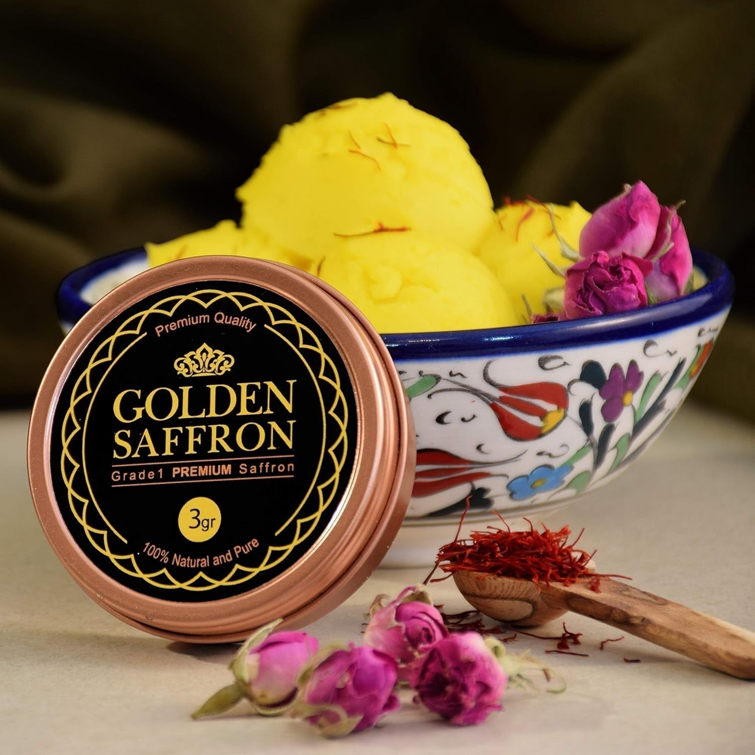 , Finest Pure Premium All Red Saffron Threads, Grade A+ Super Negin, Non-Gmo Verified. for Tea, Paella, Rice, Desserts, Golden Milk and Risotto (3 Grams)
