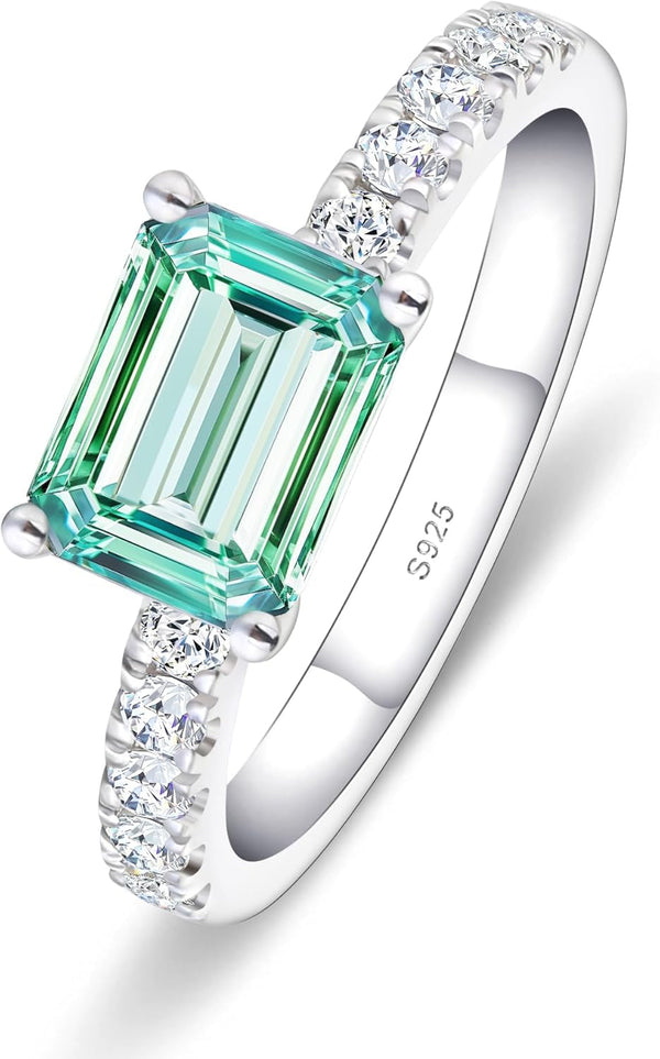 Moissanite Engagement Rings for Women,D Color VVS1 3 Stones Emerald Cut S925 Sterling Silver Plated 18K White Gold Wedding Promise Anniversary Rings for Her