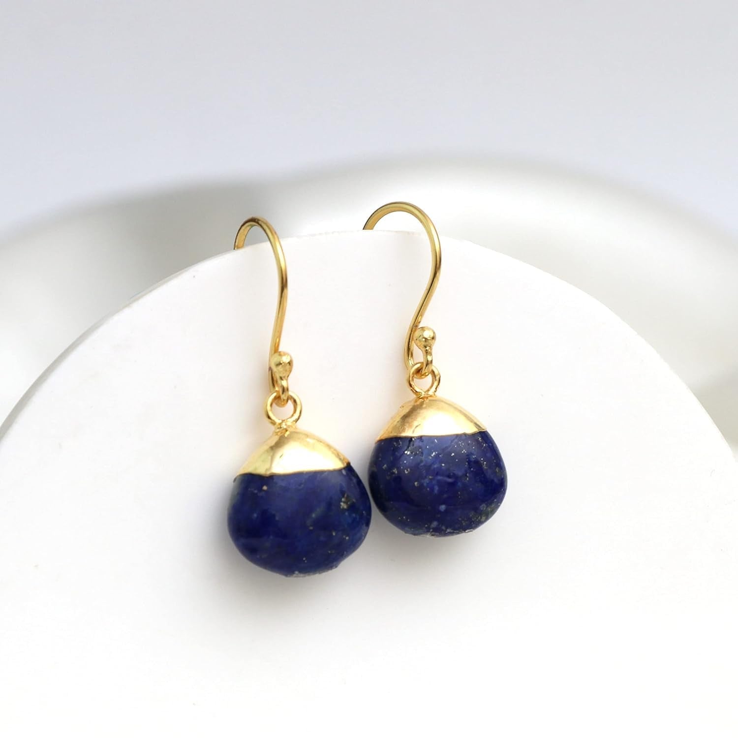 Gempires Lapis Lazuli Teardrop Dangle Earrings for Women, 14K Gold Electroplated Pear Crystal Earrings with Gold Plated Hooks, Dangling Drop Earring, Party Wear