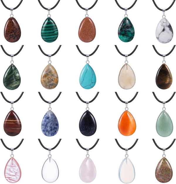 20 Pieces Stone Pendants Water Drop Shape Beads Crystal Quartz Stone Charm with 18 Inch Imitation Leather Cord Chain for Necklace Jewelry Making