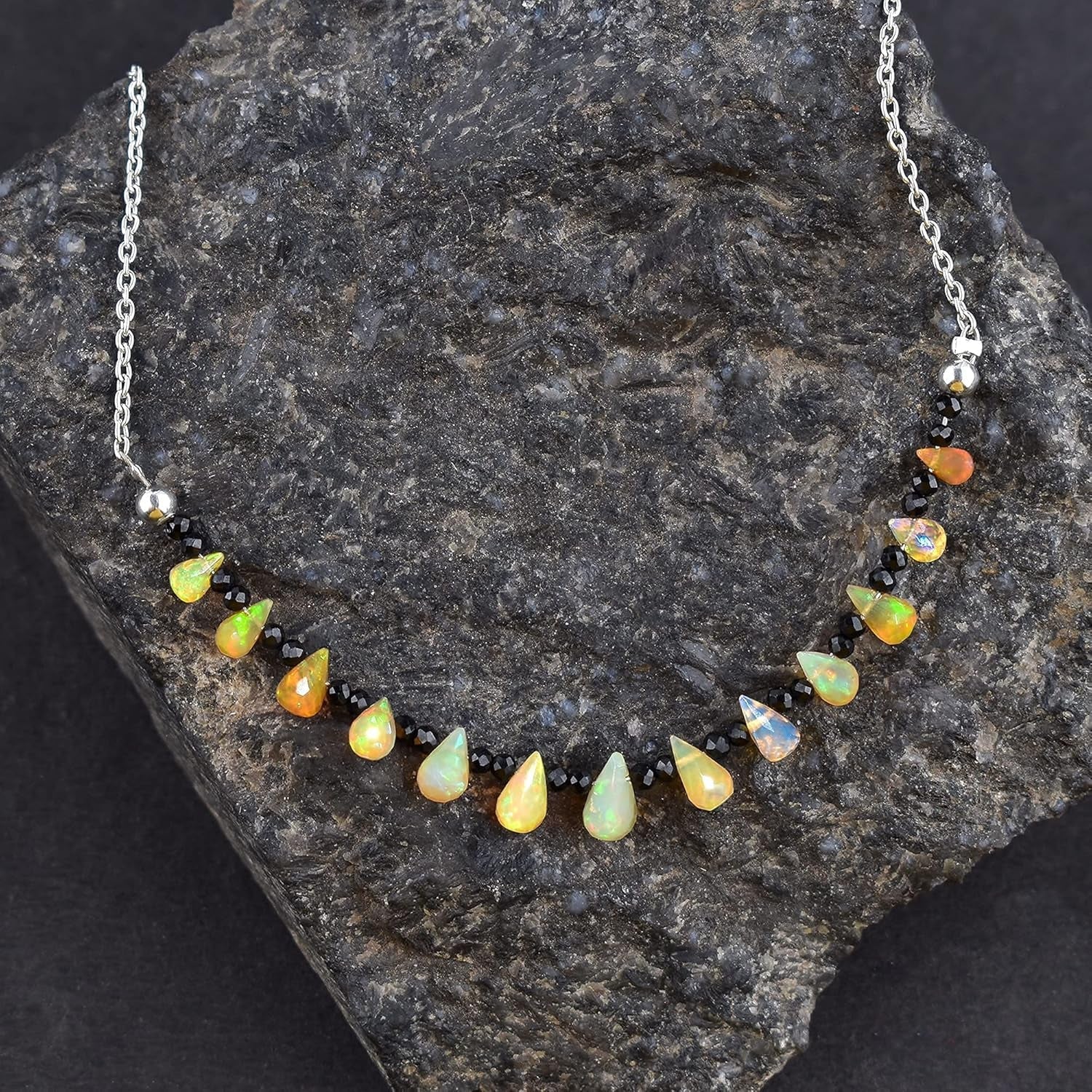Fire Opal & Black Spinel Necklace for Women Birthstone Natural Gemstone Beads Dainty Designer Jewelry Chakra Energy Healing Crystals 925 Sterling Silver Chain 18 Inch